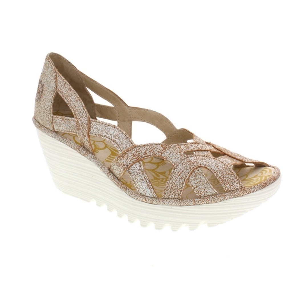 Fly London Yadify Gold Cut Out Leather
Platform Wedge Sandal